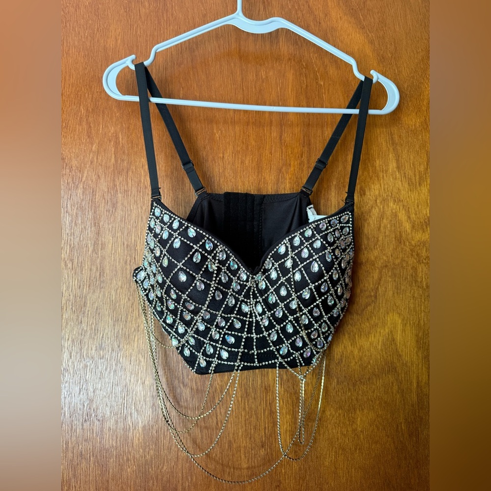 Black Bejeweled Bustier with Chains